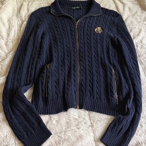Ralph Lauren Navy Cable Zip Cardigan with Gold Accents